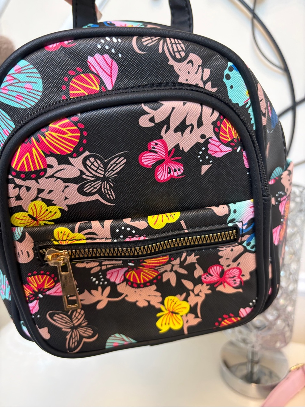 Mini Floral Backpack Tote - Black with Pink & Yellow Accents